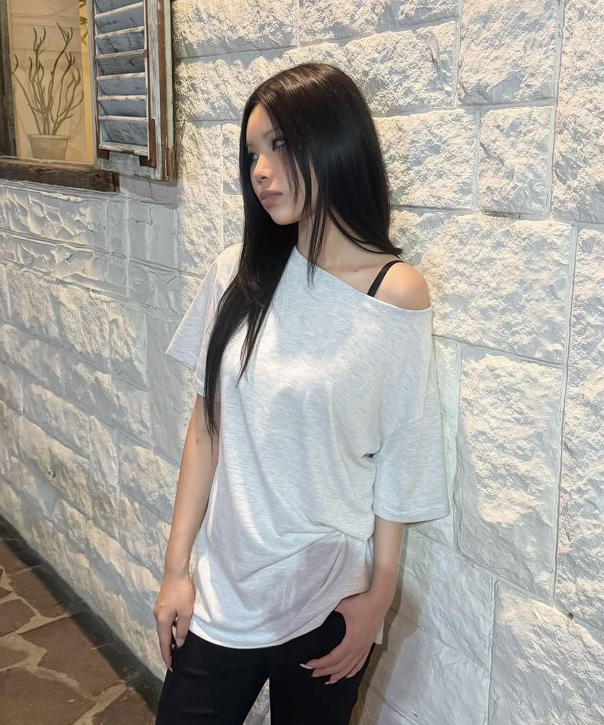 씨타(CITTA) Reversible Off Shoulder T-shirt_CTT362(Melange White)