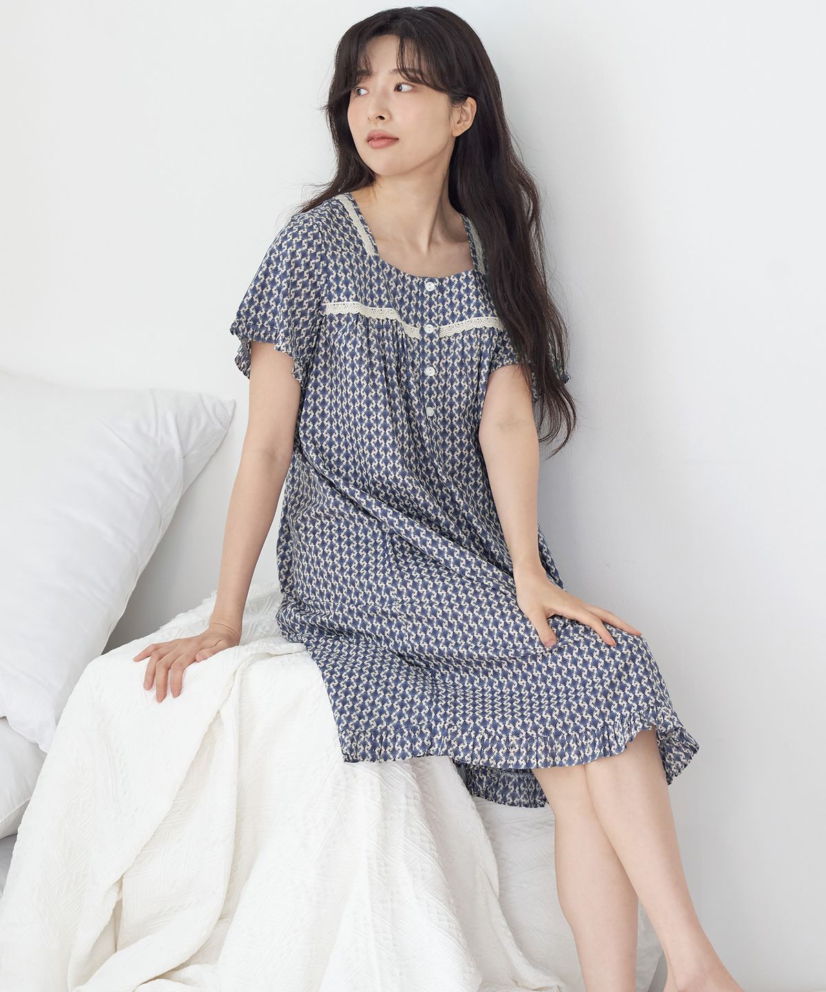 메이플라워(MAY FLOWER) 엔틱블루 반팔 순면 여성 빅사이즈 원피스 잠옷