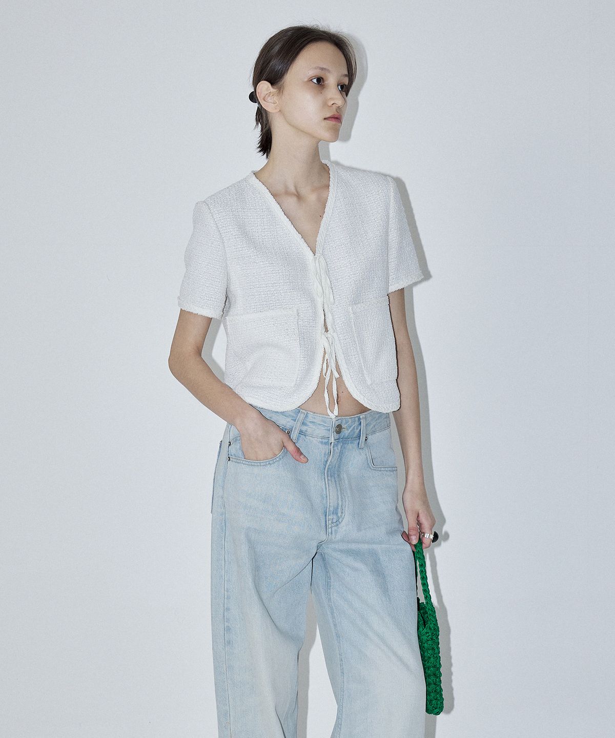 엔오르(EN OR) V-NECK SUMMER TWEED JACKET - WHITE