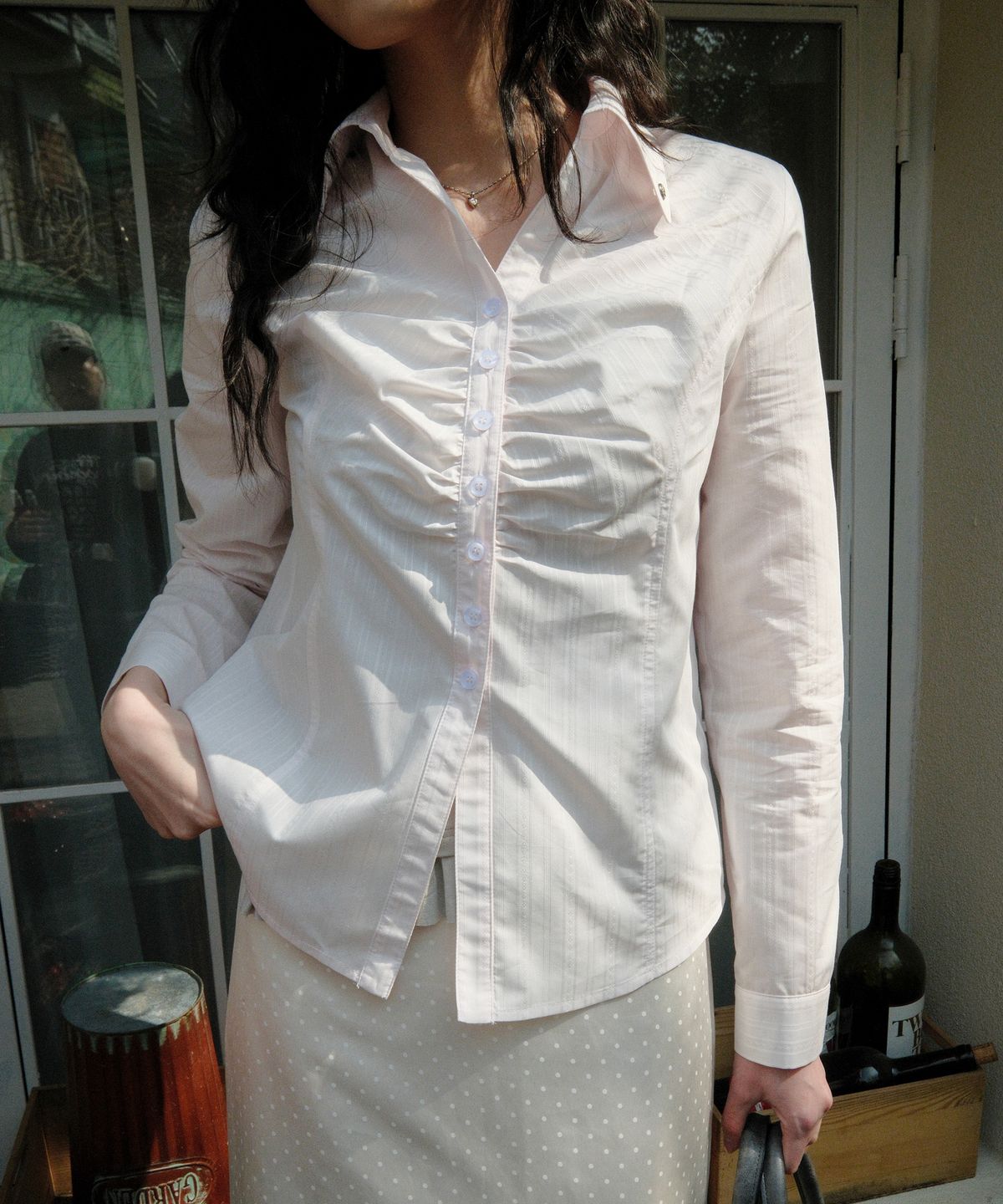 시월107(SIWL107) Silky Jacquard Shirt (Light Pink)