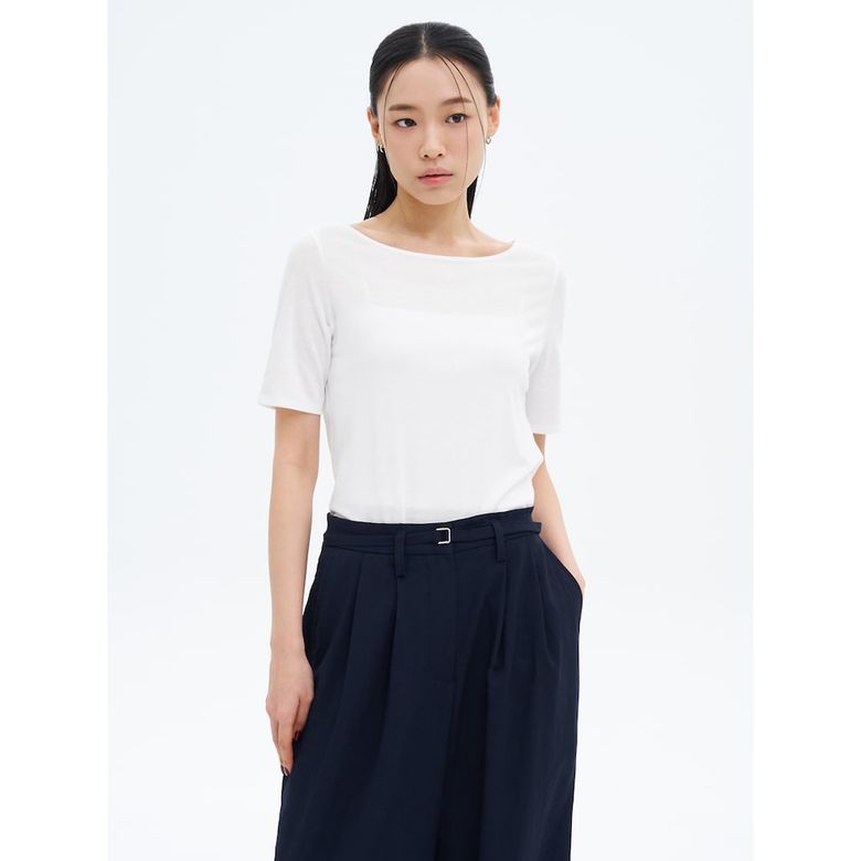 5부 소매 보트넥 티셔츠  화이트
