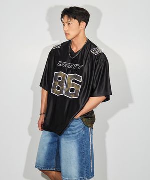 오버핏 카모 자수 럭비 반팔 져지_블랙