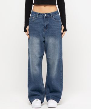 우먼즈 세미 와이드 워싱  데님팬츠[베이직블루]