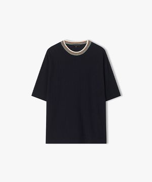 [25SS] LLM51522 네이비 라운드넥 라인 배색 하프 니트 탑