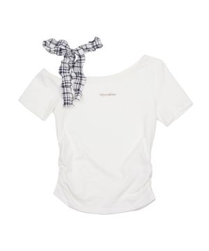 체크 스트랩 오프숄더 숏슬리브