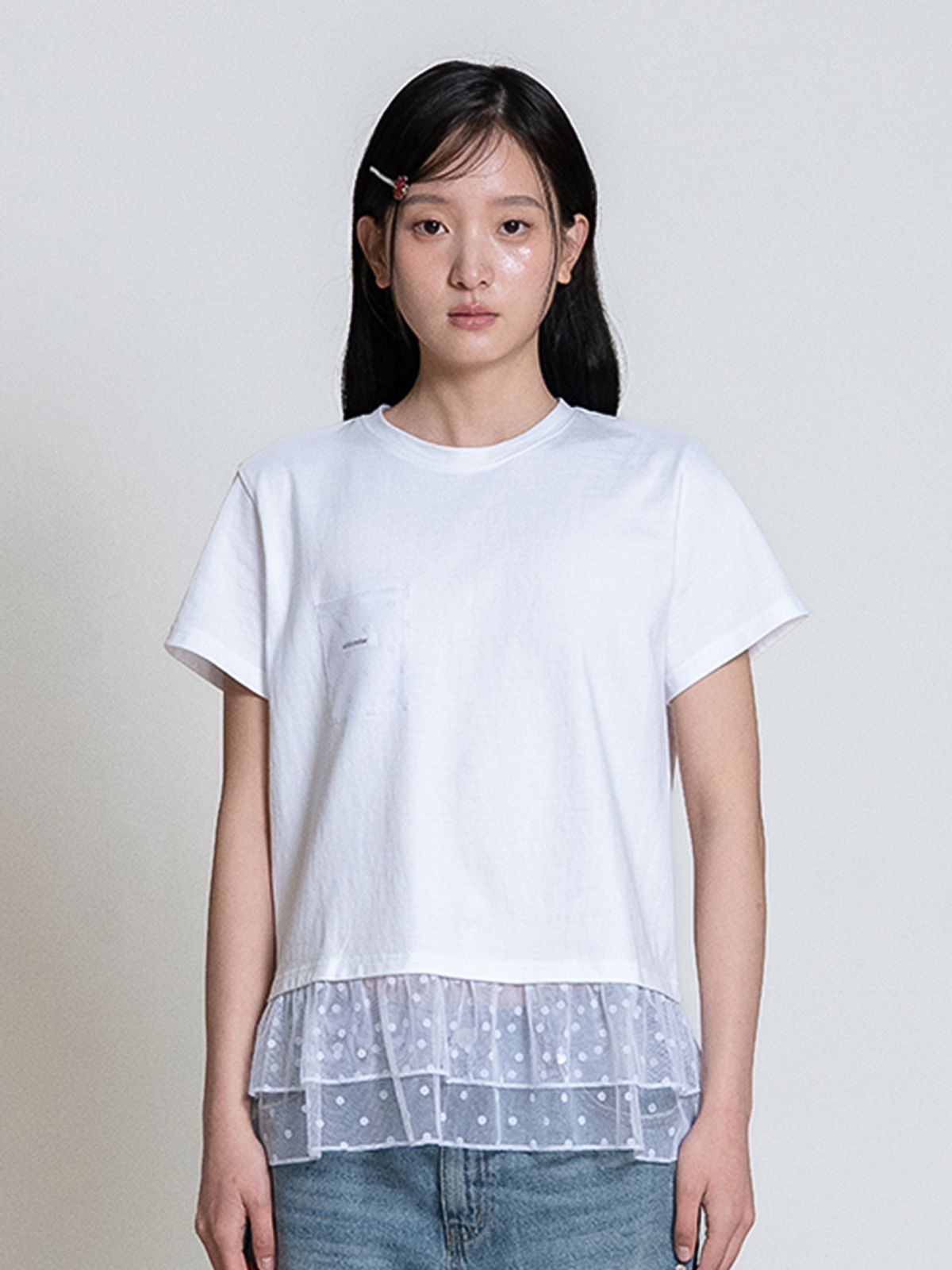 오피쉬(OAFISH) DOT RUFFLE POCKET T-SHIRT, WHITE