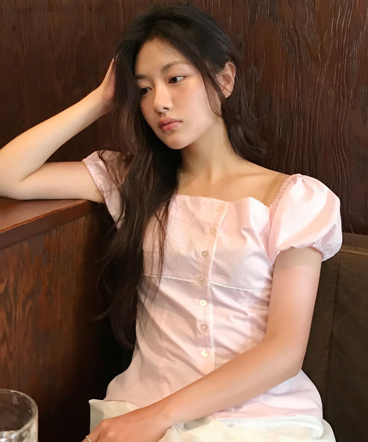 레터프롬문(LETTER FROM MOON) 로지 레이스 퍼프 블라우스 ( 핑크 )