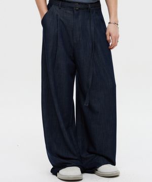 벨티드 드레이프 슬랙스 인디고