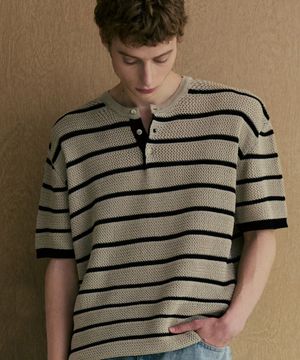 헨리넥 스트라이프 반팔 니트 [베이지]