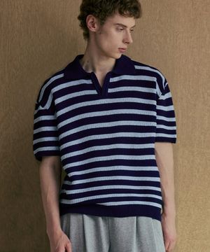 린넨라이크 스트라이프 카라 반팔 니트 [네이비]