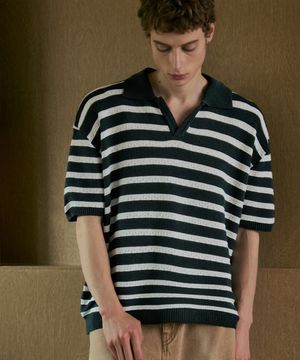 린넨라이크 스트라이프 카라 반팔 니트 [그린]