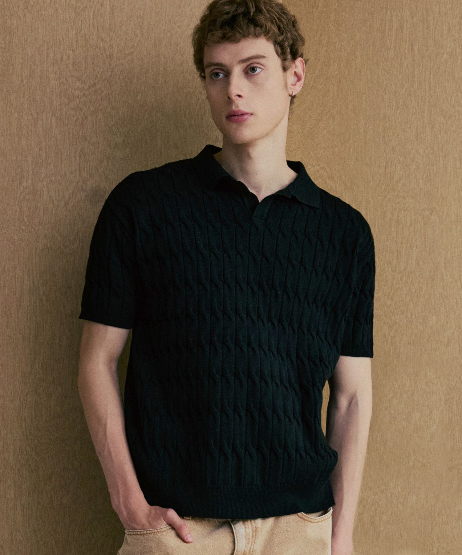トップス NODUSix Cable Collar Short Sleeve Knit MUSINSA公式 | NODU Six Cable Collar Short Sleeve Knit [Black]