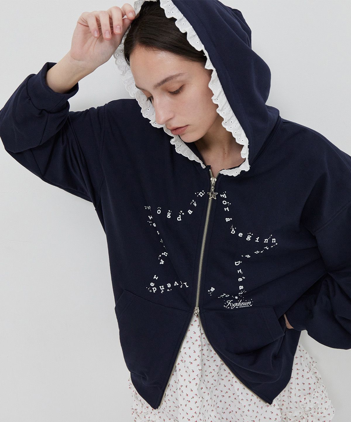 MUSINSA公式 | FOGDAWN Light Lullaby Lace Hoodie Zip-up (navy)