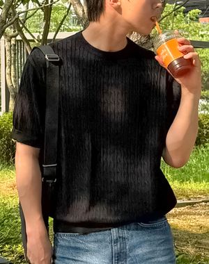 [워셔블] 비스코스 코튼 케이블 반팔 니트 [블랙]