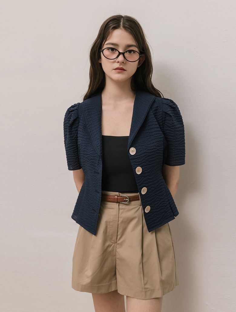 Seersucker Puff Navy Blouse
