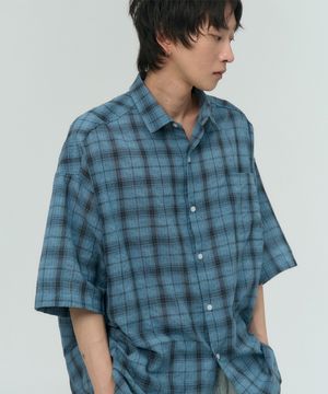 링클 원포켓 타탄 체크 오버핏 반팔 코튼 하프 셔츠 [블루]