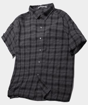 링클 원포켓 타탄 체크 오버핏 반팔 코튼 하프 셔츠 [차콜]