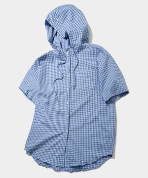 너드 코지 체크 스트링 코튼 반팔 후드 셔츠 [블루]