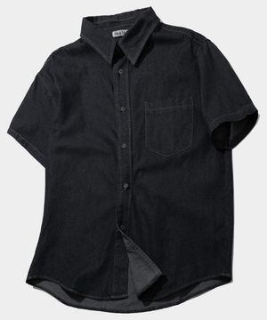 원포켓 워시드 워크 데님 오버핏 반팔 코튼 카라 셔츠 [흑청]