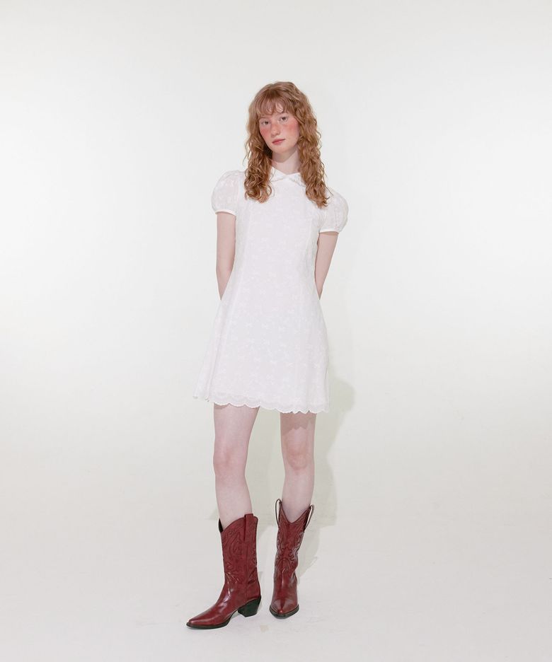 Ribbon Collar Mini Dress (White)