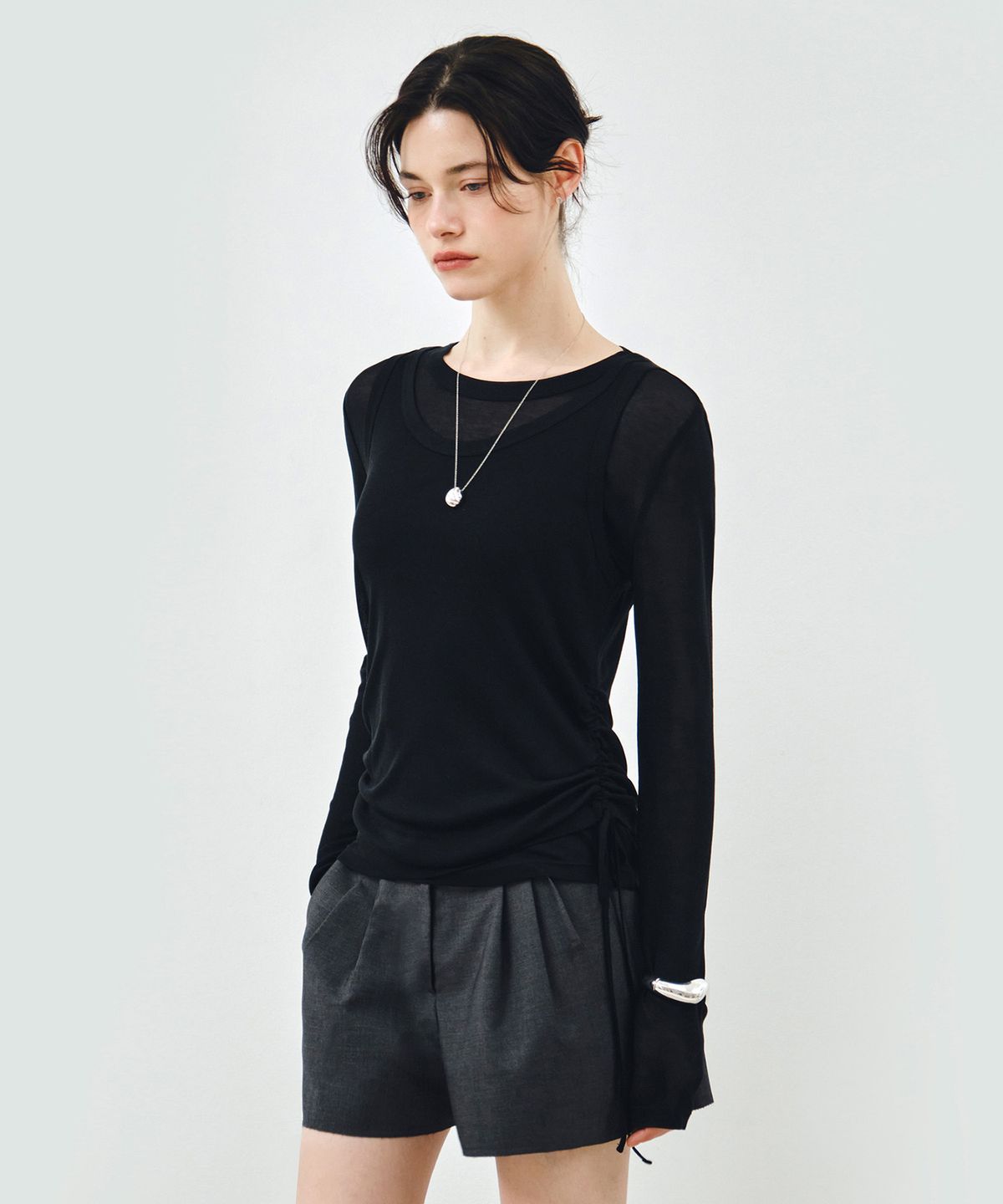 몽돌(MONGDOL) [SET] 사이드 셔링 레이어드 티셔츠 블랙 MDTS067BLACK