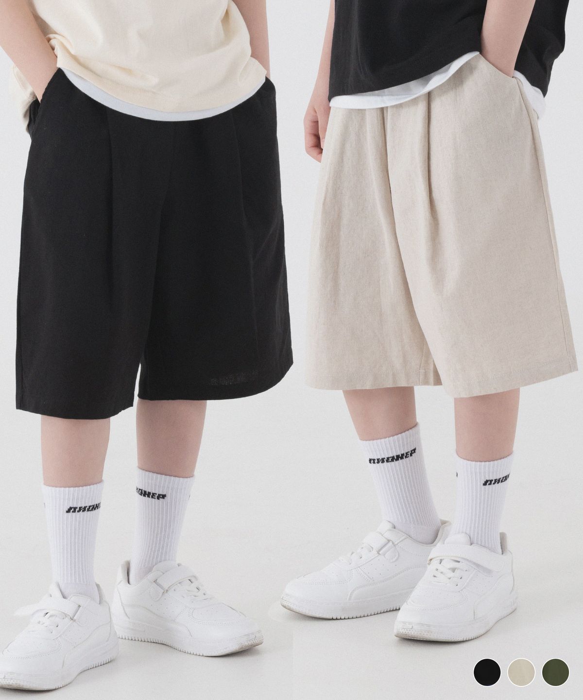 피아네르 키즈(PIANER KIDS) [2 PACK] 컴포터블 린넨 원 턱 버뮤다팬츠 (3color)