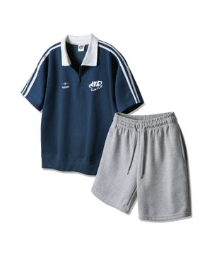 [SET] AVL 트랙 반집업 반팔 맨투맨 코튼 밴딩 스웨트 반바지 셋업
