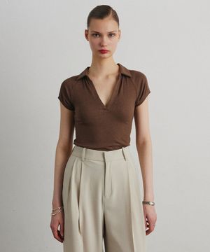 COLLAR RIB HENLEY T-SHIRT_BROWN