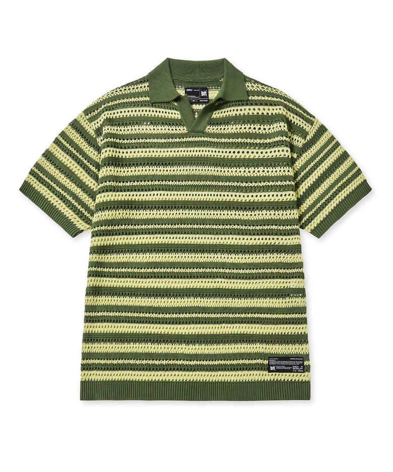 STRIPE PUNCHING COLLAR KNIT - KHAKI