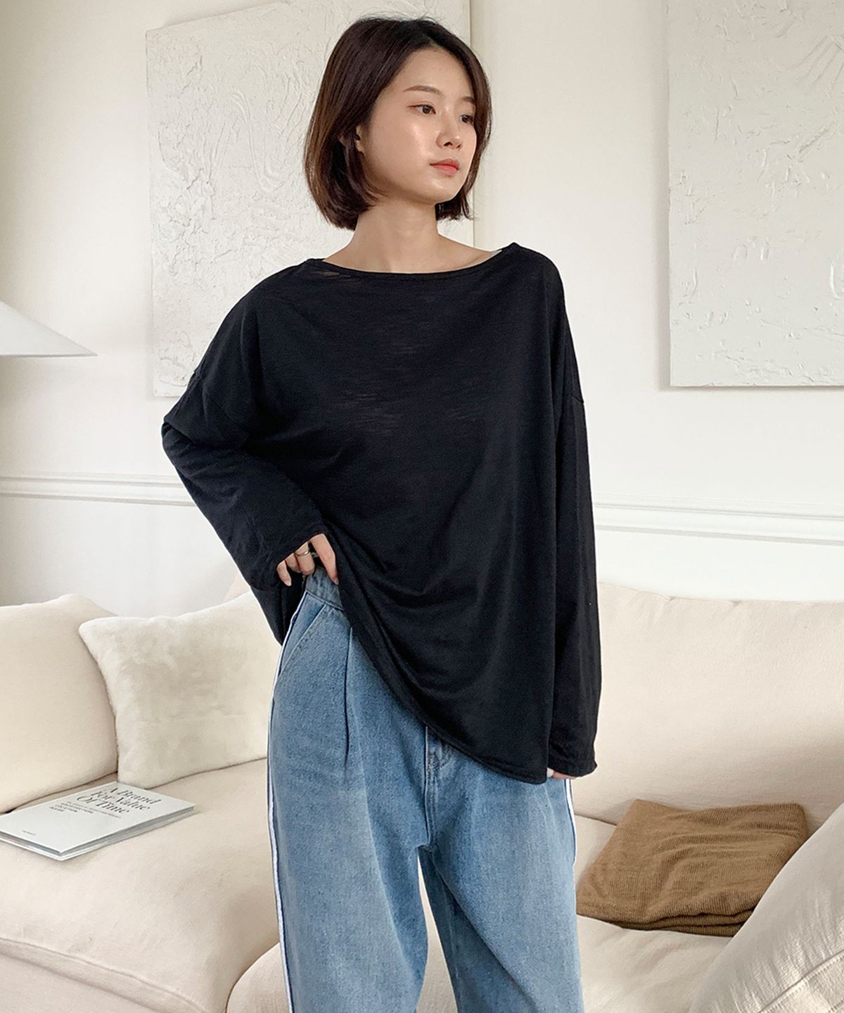 빼빼(BBAEBBAE) 넓은 라운드넥 루즈핏 긴팔 티셔츠