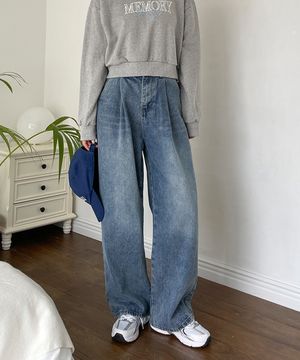 빅사이즈 핀턱 롱 벌룬 와이드 데님 팬츠