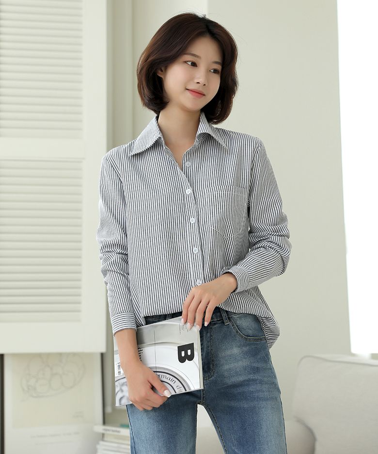 포켓 모던 세로 스트라이프 긴팔 셔츠 남방