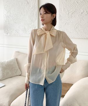 소매버튼 리본 시스루 블라우스