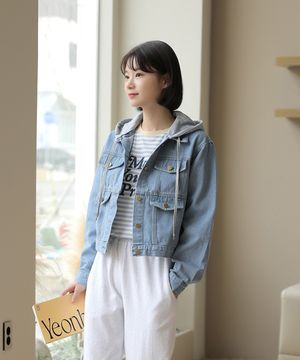탈부착가능 후드 버튼 크롭 데님 자켓