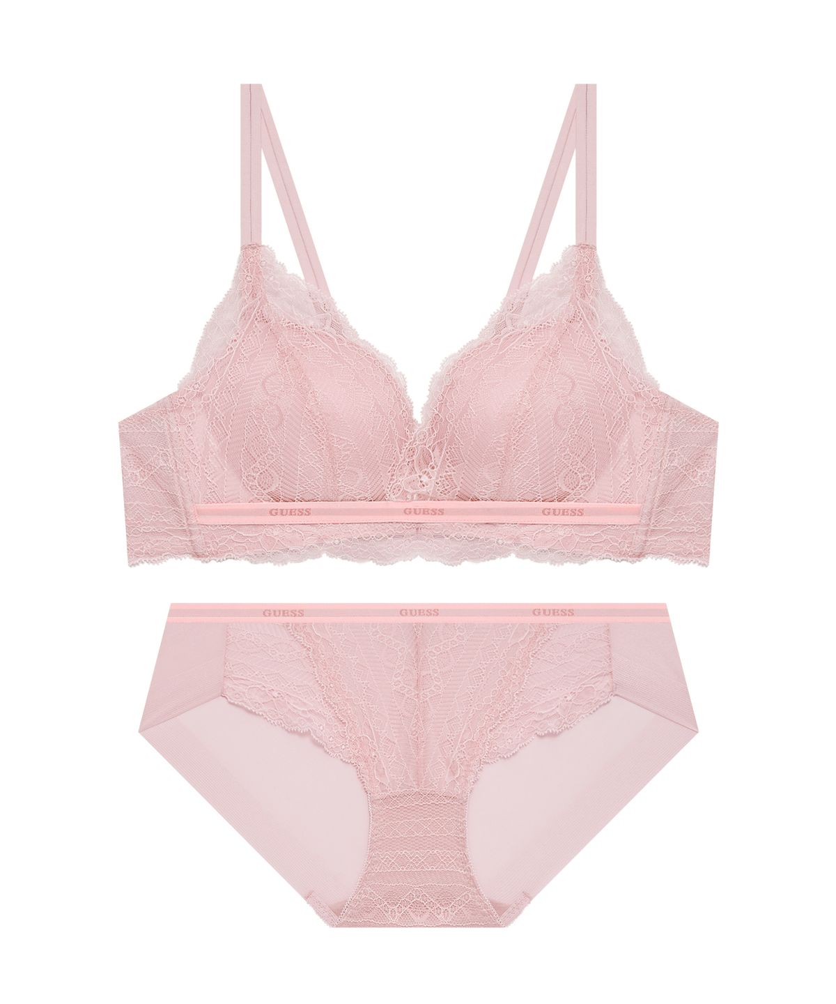 게스언더웨어(GUESS UNDERWEAR) 볼륨 메이커 레이스 노와이어 브라팬티세트 - 라이트핑크