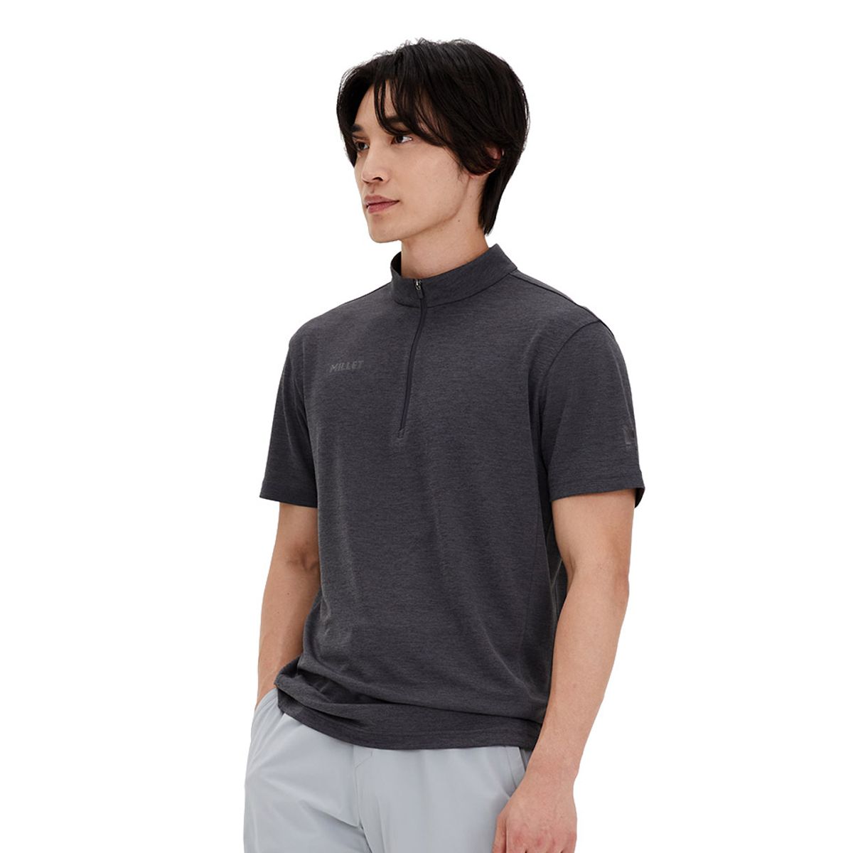 밀레(MILLET) 쿨스트라이프 집업 반팔 티셔츠_MXUUT074
