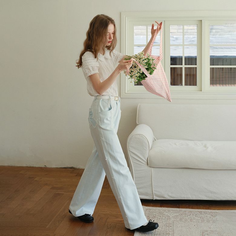 Cest_Ribbon lace wide pants