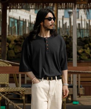 레트로 헨리넥 와플 반팔티 블랙