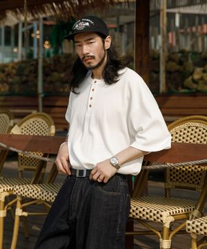 레트로 헨리넥 와플 반팔티 아이보리