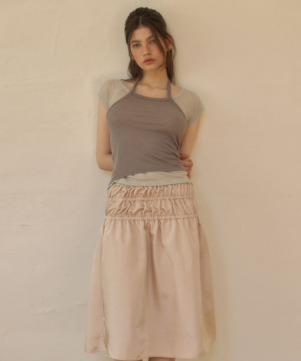 아우로(OURO) BANDING SHIRRING SKIRT [ PEACH ]