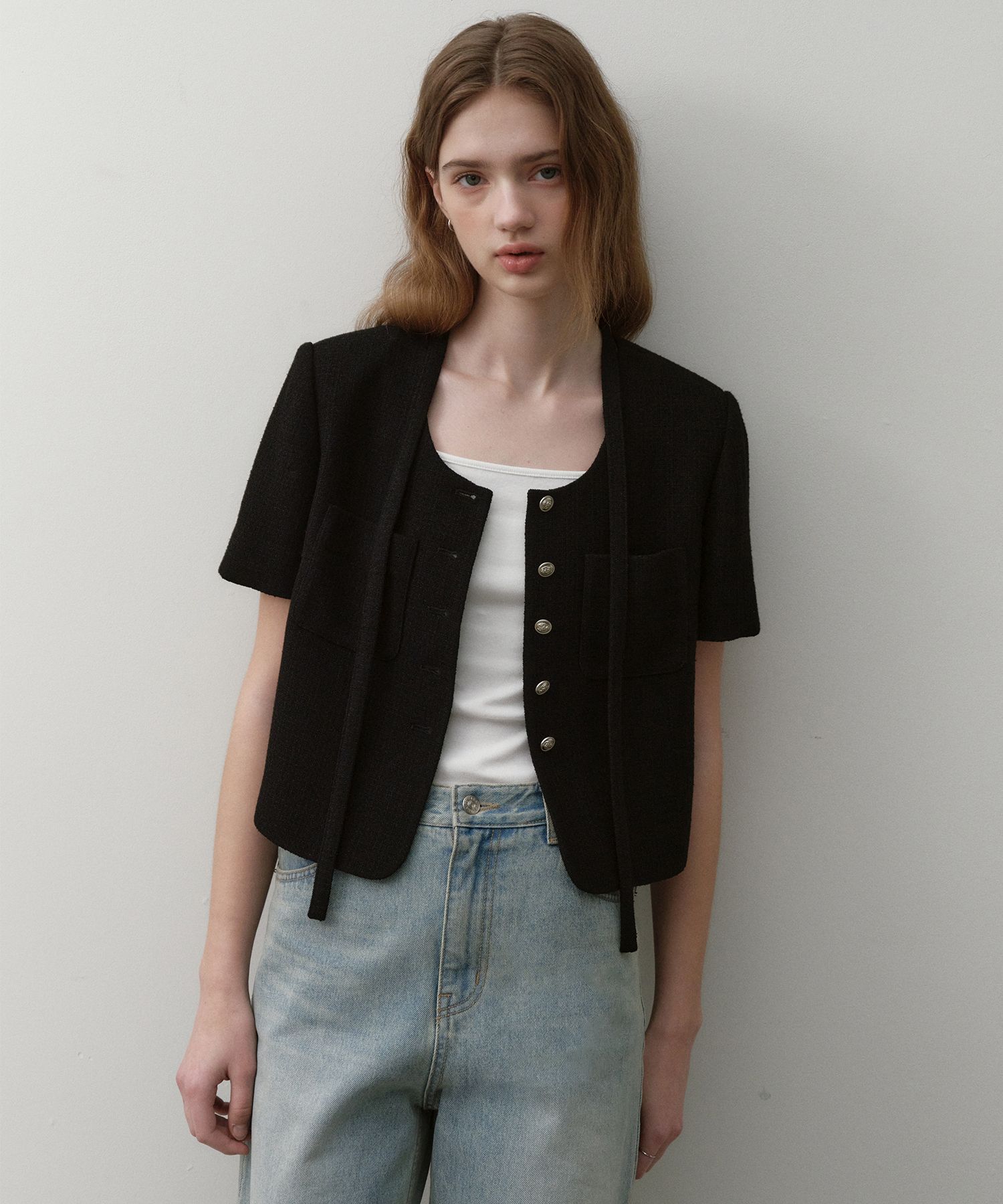 MUSINSA | OSTKAKA Tweed single crop jacket black