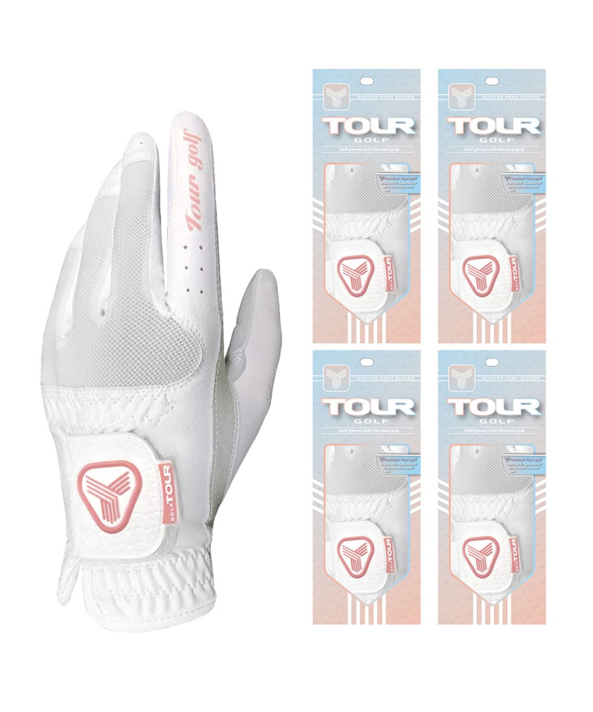 투어골프(TOURGOLF) 시원한 쿨 메쉬 반양피 여성용 여름 골프장갑 핑크 5장