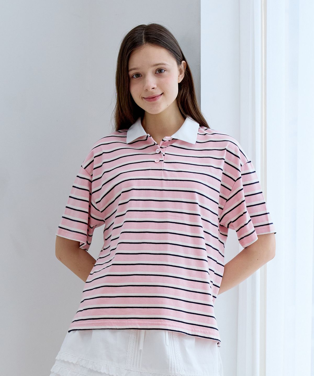 핑크파인애플(PINK PINEAPPLE) MULTI STRIPE COLLAR HALF T-SHIRT_PINK