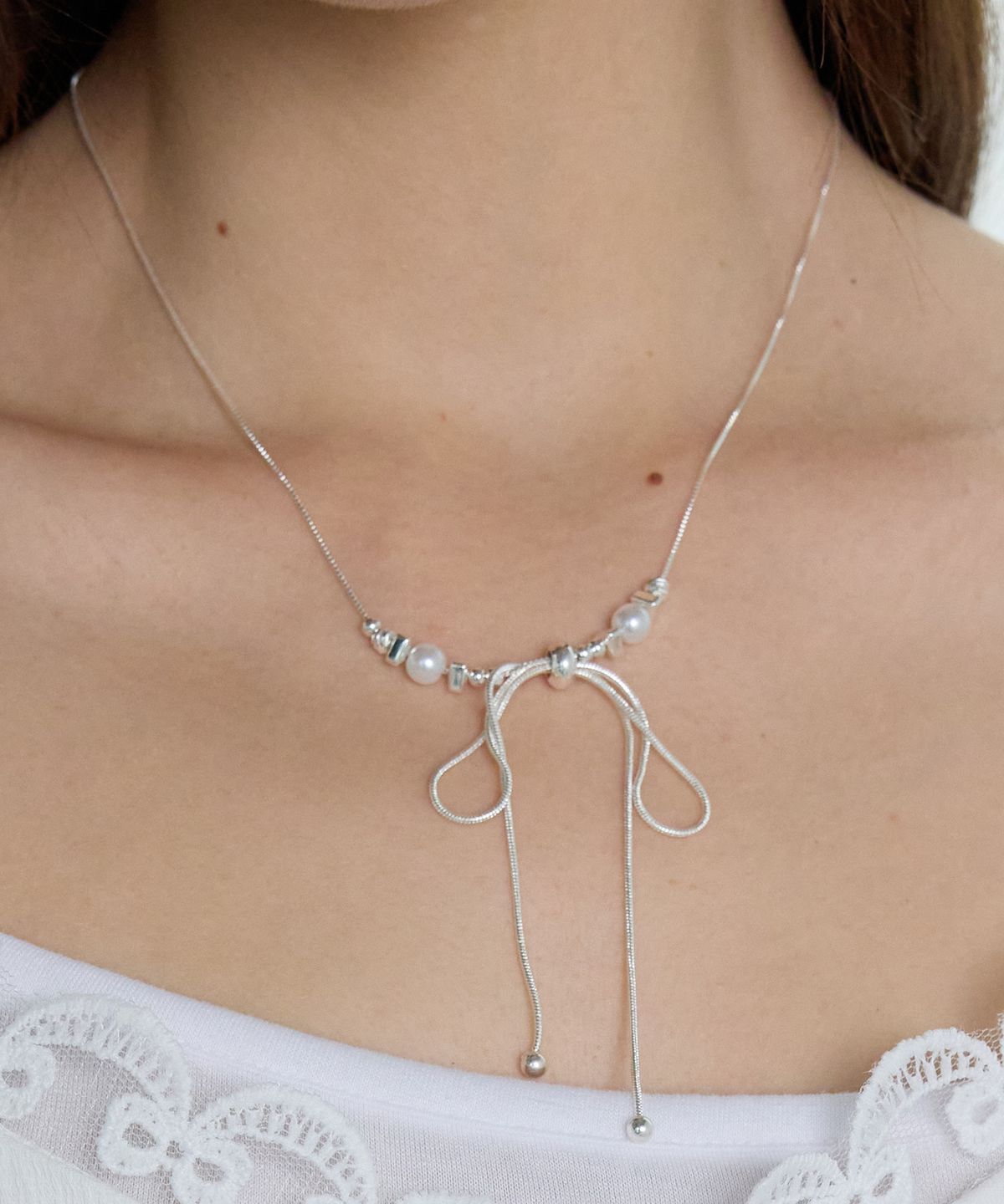 핑크파인애플(PINK PINEAPPLE) RIBBON DEW NECKLACE_SILVER