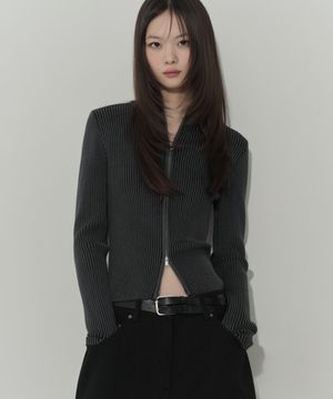 우먼즈 투 톤 리브드 슬림 니트 집업 [차콜 그레이]