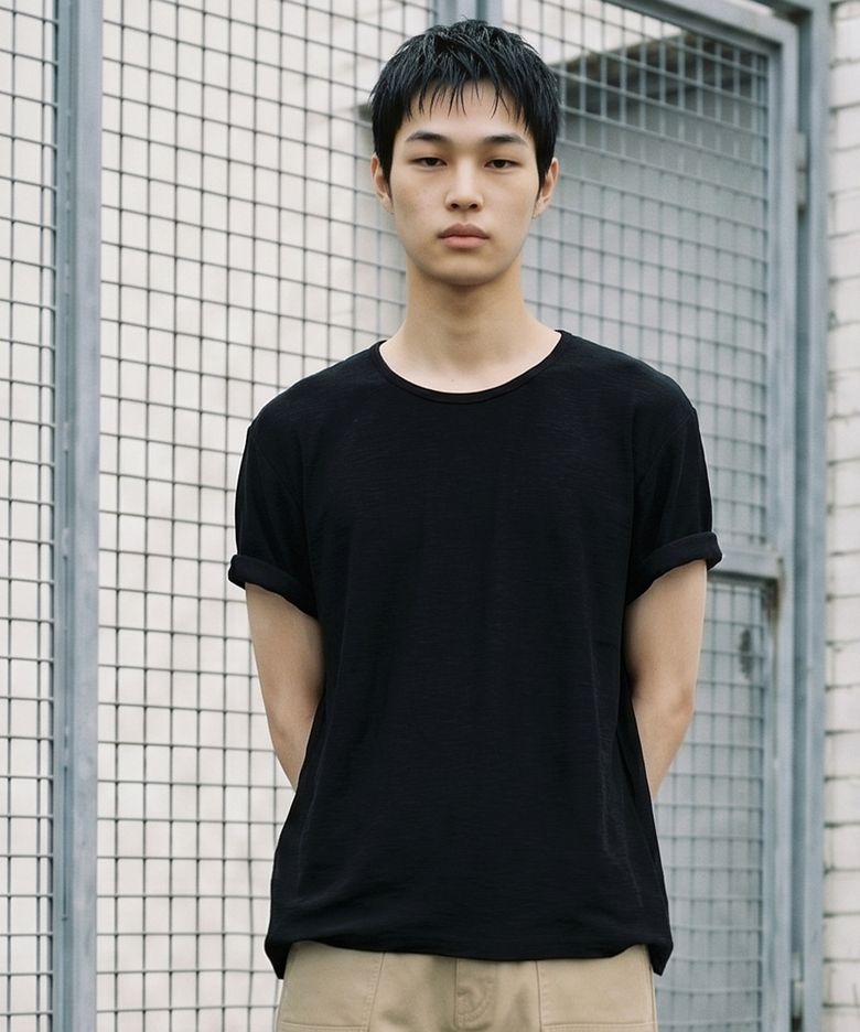 SLUB U-NECK HALF CROP T-SHIRTS (BLACK)
