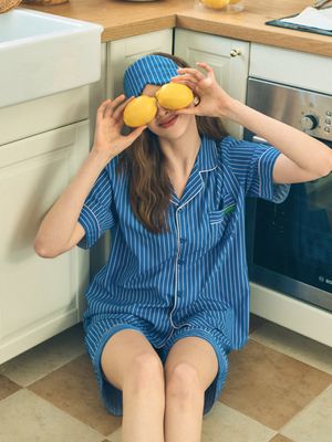 [uni] 아모레 소프트네이비 실크스킨 반팔 잠옷 세트