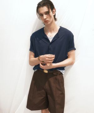 레이어드 헨리넥 하프 슬리브 티셔츠 (네이비그레이)