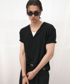 레이어드 헨리넥 하프 슬리브 티셔츠 (블랙아이보리)