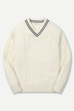 케이블 트위스트 브이넥 니트 아이보리 BNESSW807IV